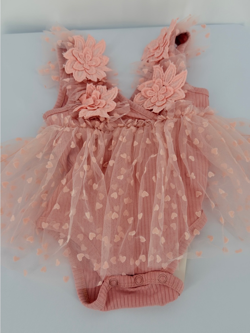 SHEIN Baby Girl Pink Floral Heart Tulle Tutu Bodysuit Romper 6–9M